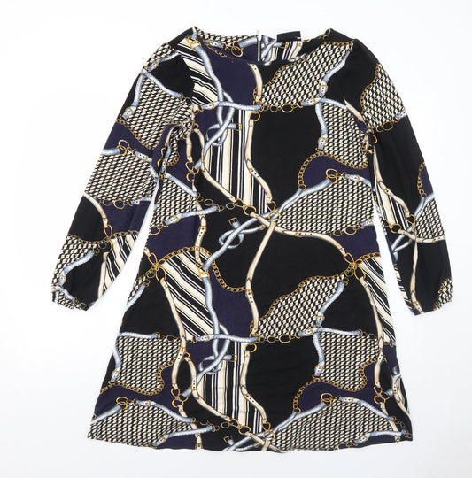 Wallis Womens Black Geometric Viscose Shift Size 10 Round Neck Zip