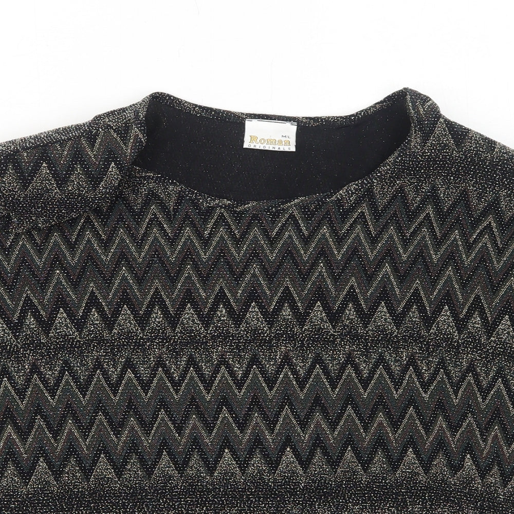 Roman Womens Black Geometric Nylon Basic Blouse Size M Round Neck - Size M/L