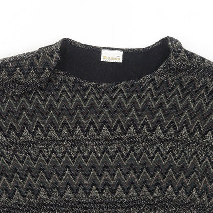 Close-up detail of Roman women’s black geometric nylon basic blouse, size M, round neck -, size M/l