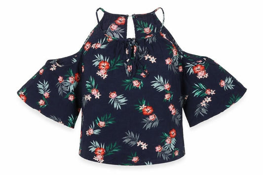Marks and Spencer Womens Blue Floral Viscose Basic Blouse Size 8 Round Neck - Cold Shoulder