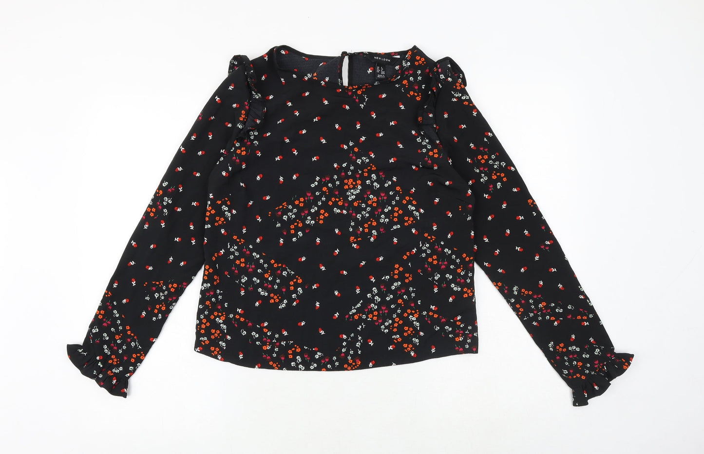New Look Womens Black Geometric Polyester Basic Blouse Size 8 Round Neck