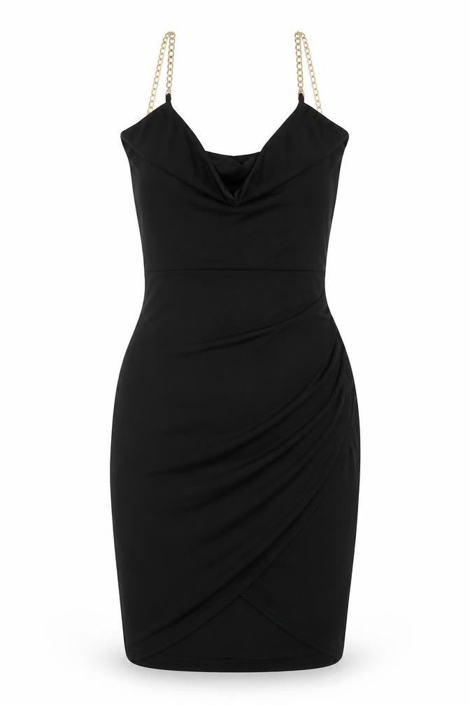 Quiz Womens Black Polyester Bodycon Size 8 Cowl Neck Pullover - Chain Strap