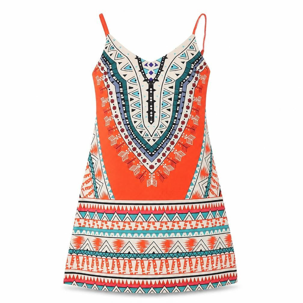 Zanzea Womens Multicoloured Geometric Polyester Tank Dress Size 8 V-Neck Pullover
