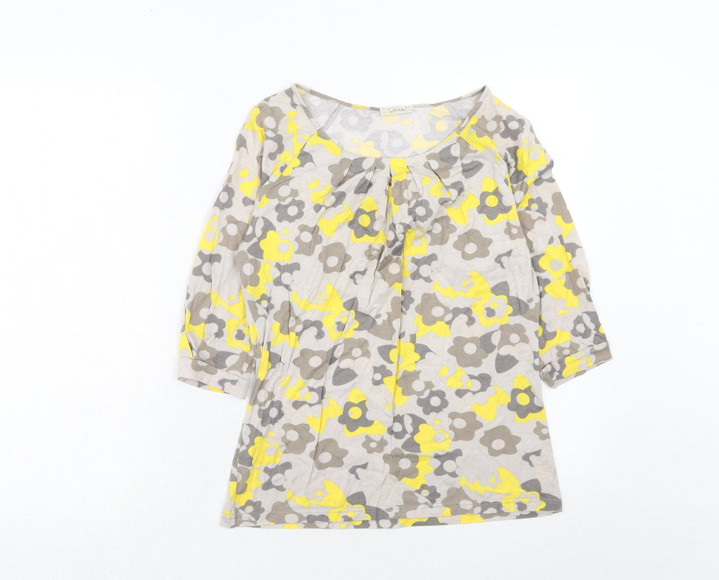Intown Womens Grey Floral Cotton Basic Blouse Size S Round Neck