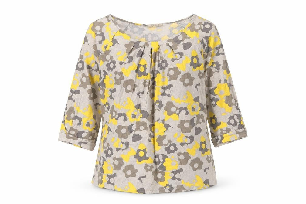 Intown Womens Grey Floral Cotton Basic Blouse Size S Round Neck
