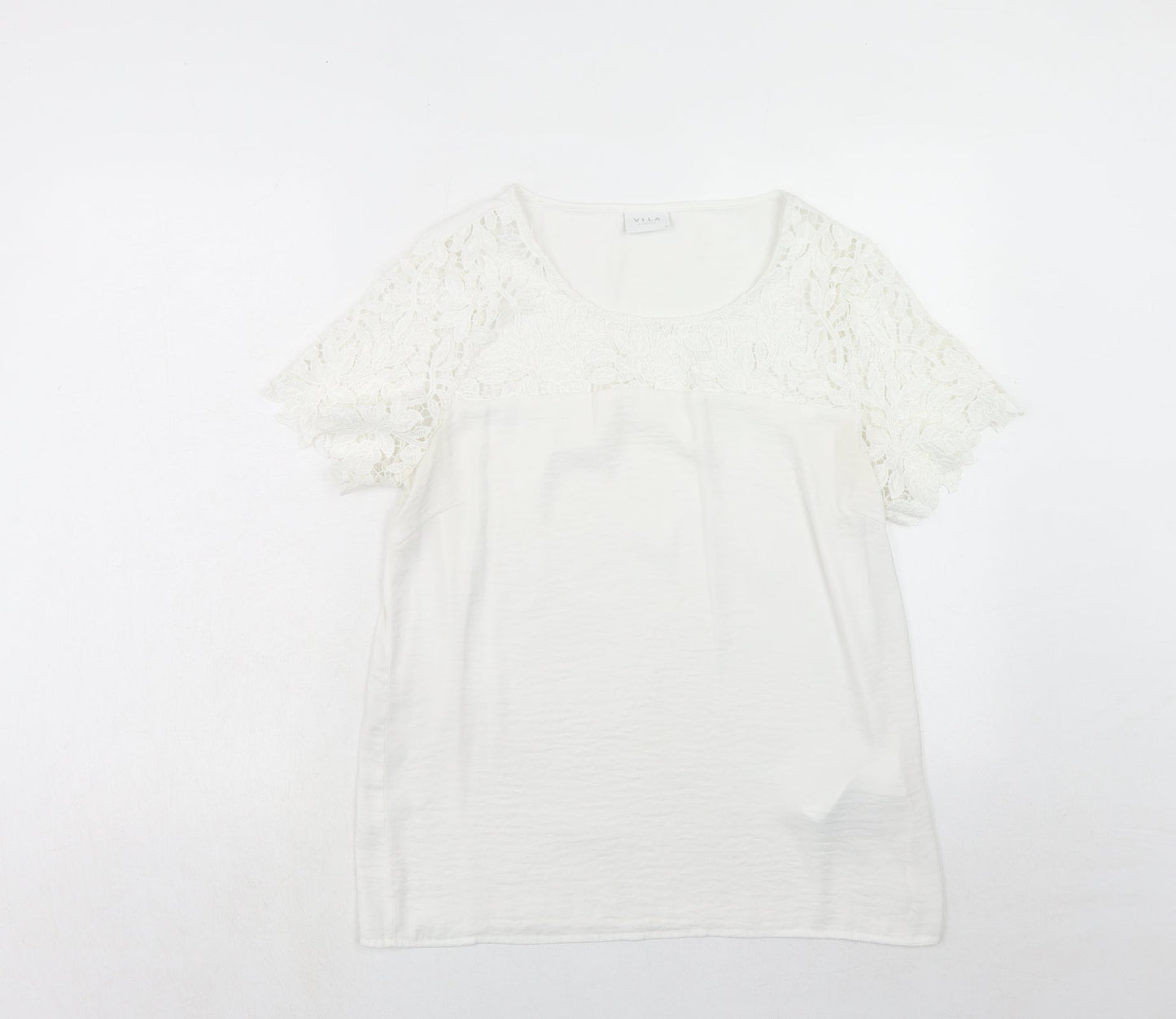 VILA Womens White Polyester Basic T-Shirt Size M Round Neck
