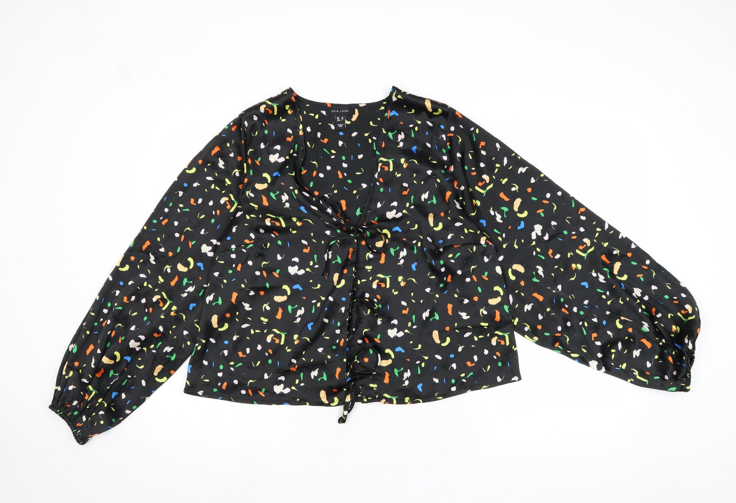 New Look Womens Black Geometric Polyester Basic Blouse Size 10 V-Neck