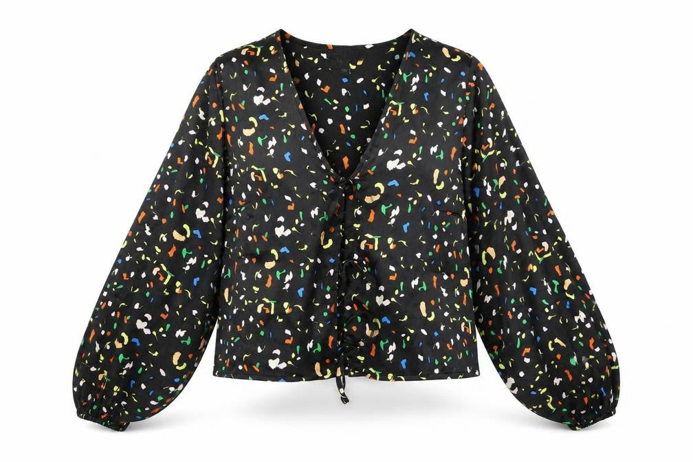 New Look Womens Black Geometric Polyester Basic Blouse Size 10 V-Neck
