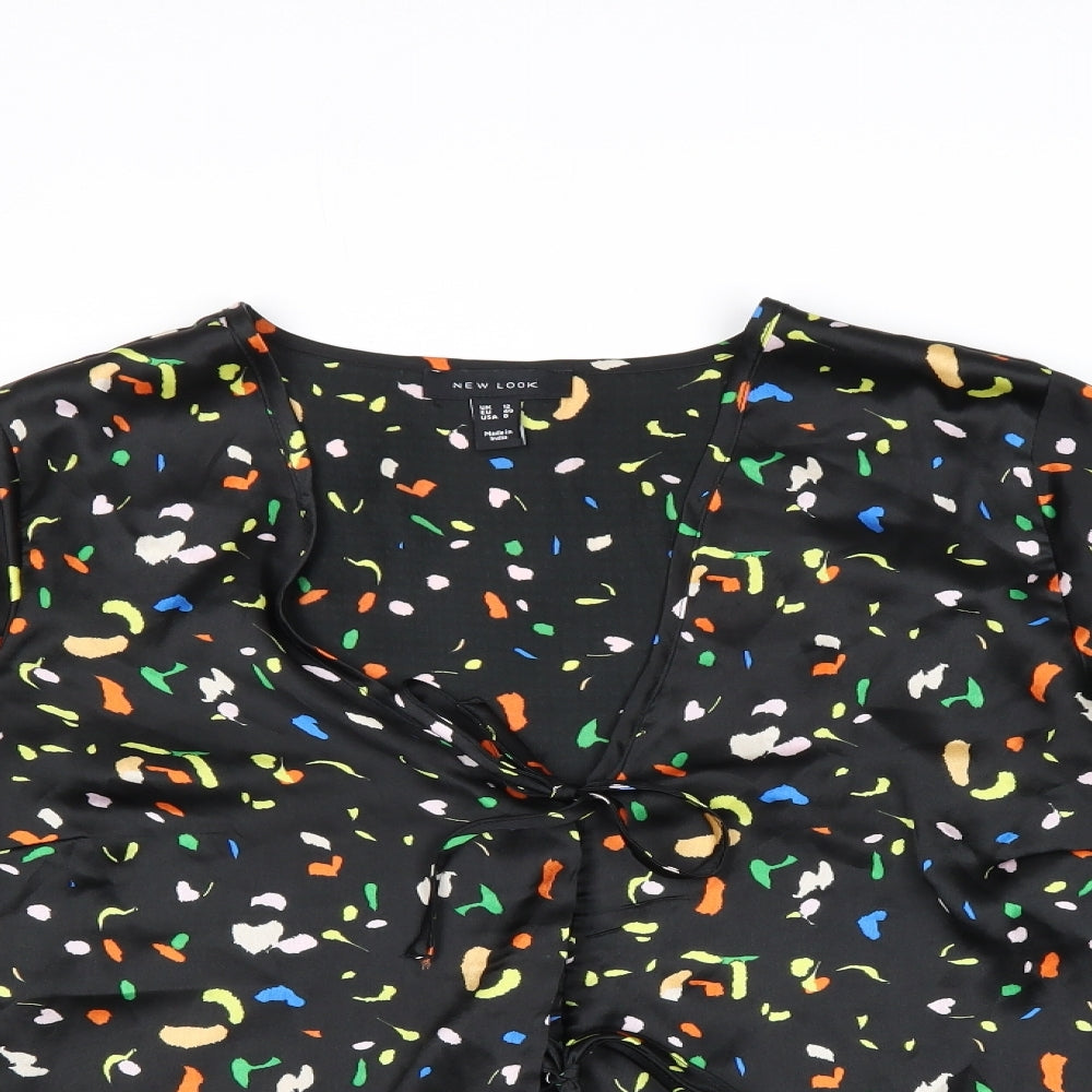 New Look Womens Black Geometric Polyester Basic Blouse Size 10 V-Neck