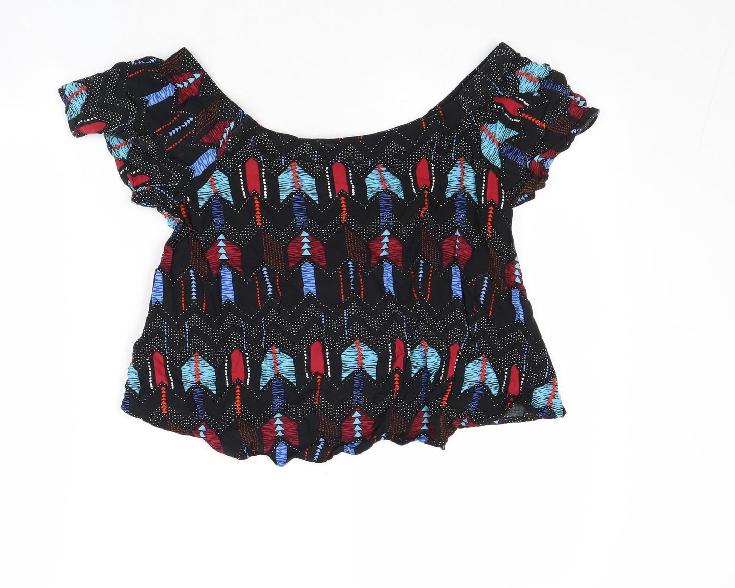 New Look Womens Multicoloured Geometric Viscose Cropped Blouse Size 8 Boat Neck