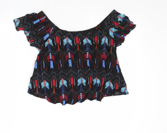 New Look Womens Multicoloured Geometric Viscose Cropped Blouse Size 8 Boat Neck