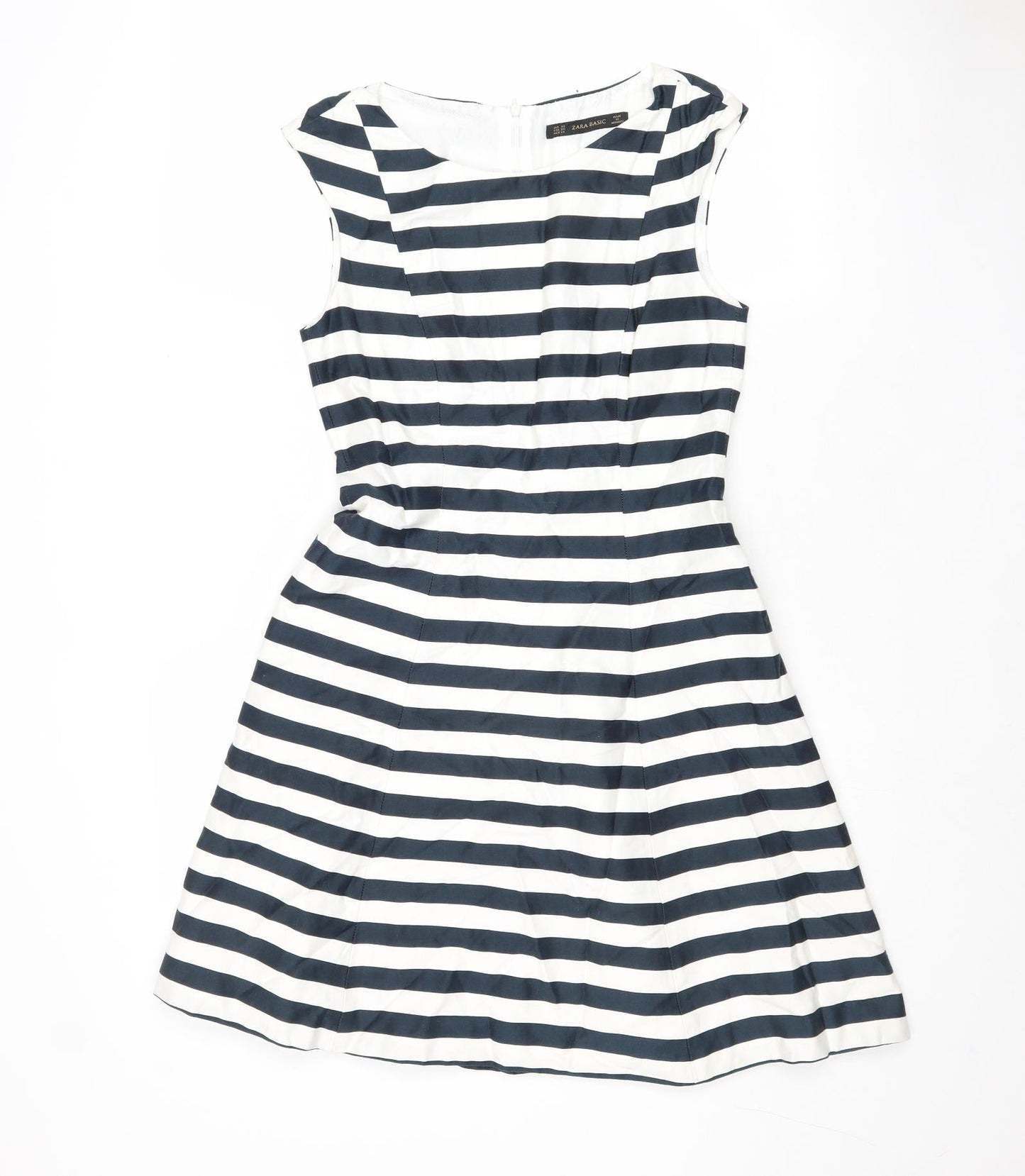 Zara Womens Blue Striped Cotton Fit & Flare Size XS Boat Neck Zip
