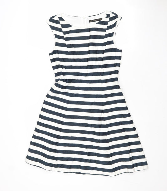 Zara Womens Blue Striped Cotton Fit & Flare Size XS Boat Neck Zip