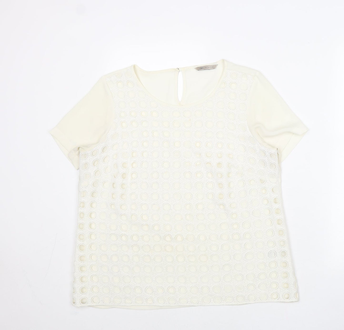 Marks and Spencer Womens Ivory Geometric Polyester Basic T-Shirt Size 14 Round Neck