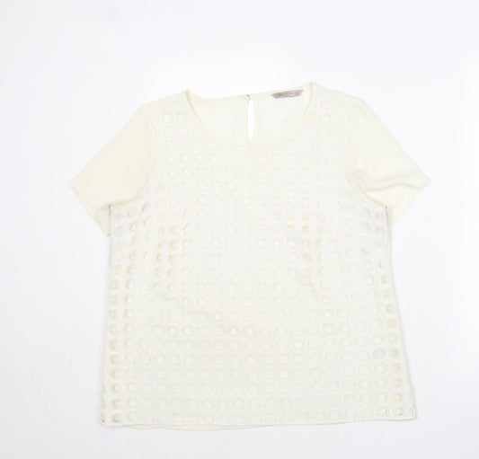 Marks and Spencer Womens Ivory Geometric Polyester Basic T-Shirt Size 14 Round Neck