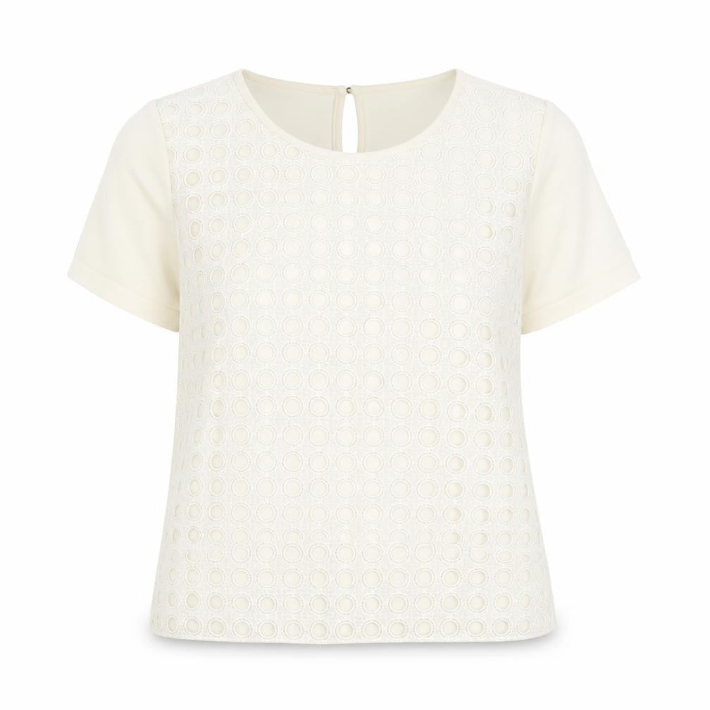 Marks & Spencer Womens Ivory Geometric Polyester Basic T-Shirt Size 14 Round Neck