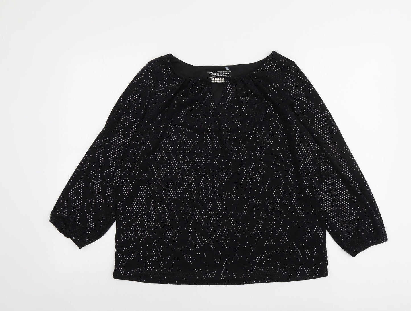 Billie&Bolssom Womens Black Geometric Nylon Basic Blouse Size 12 Round Neck