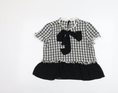 Zara Womens Black Check Polyester Basic T-Shirt Size L Round Neck