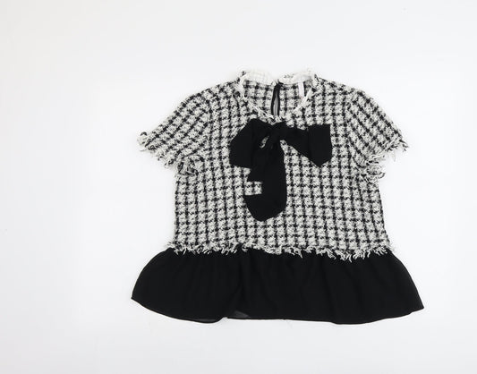 Zara Womens Black Check Polyester Basic T-Shirt Size L Round Neck