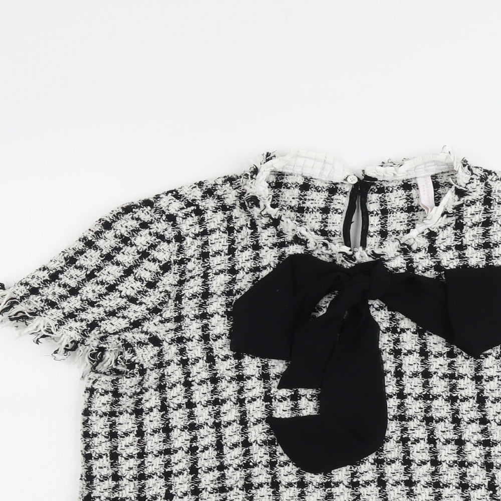 Zara Womens Black Check Polyester Basic T-Shirt Size L Round Neck