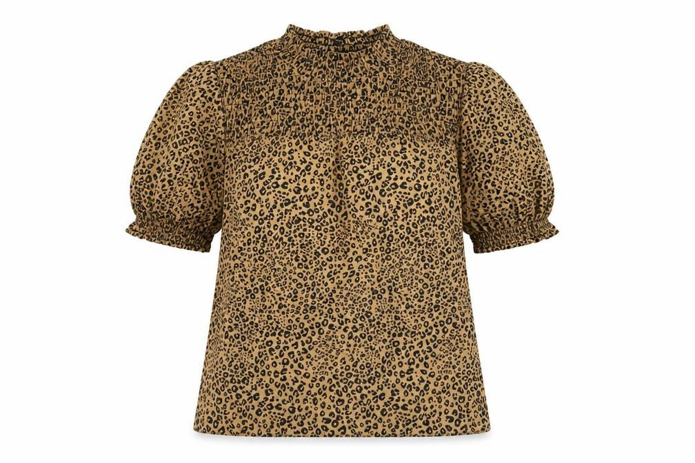&et Womens Brown Animal Print Polyester Basic Blouse Size 8 Mock Neck - Leopard Pattern