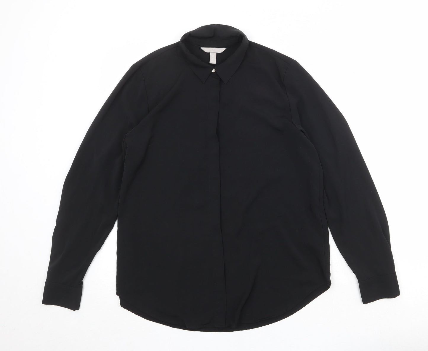 H&M Womens Black Polyester Basic Button-Up Size 10 Collared