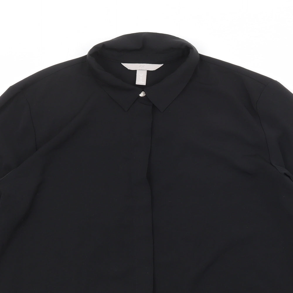 H&M Womens Black Polyester Basic Button-Up Size 10 Collared