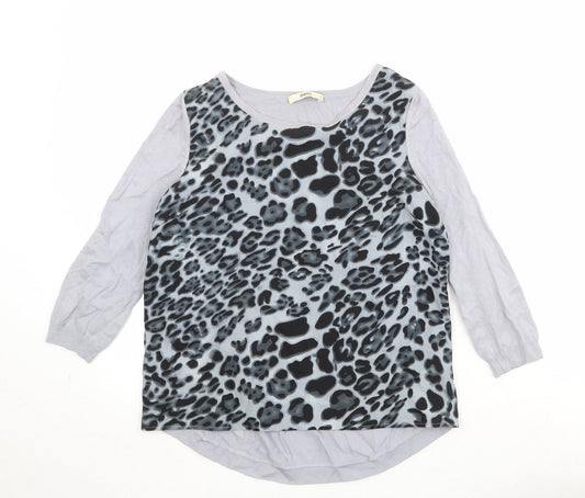 Oasis Womens Blue Boat Neck Animal Print Cotton Pullover Jumper Size S - Leopard Pattern