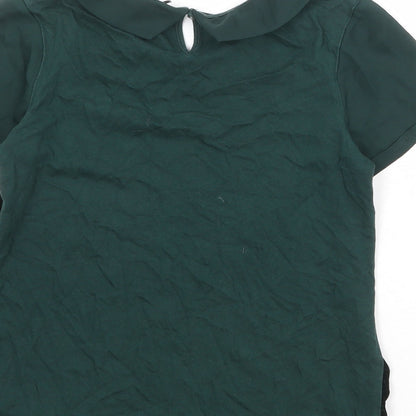 Brand and care label for Next girls’ green viscose pullover blouse, size 12, years collared button