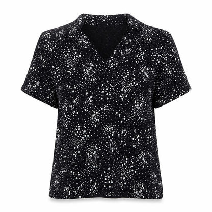 Front view of Roman women’s blue geometric acetate basic t-shirt, size S, collared -, size S/m