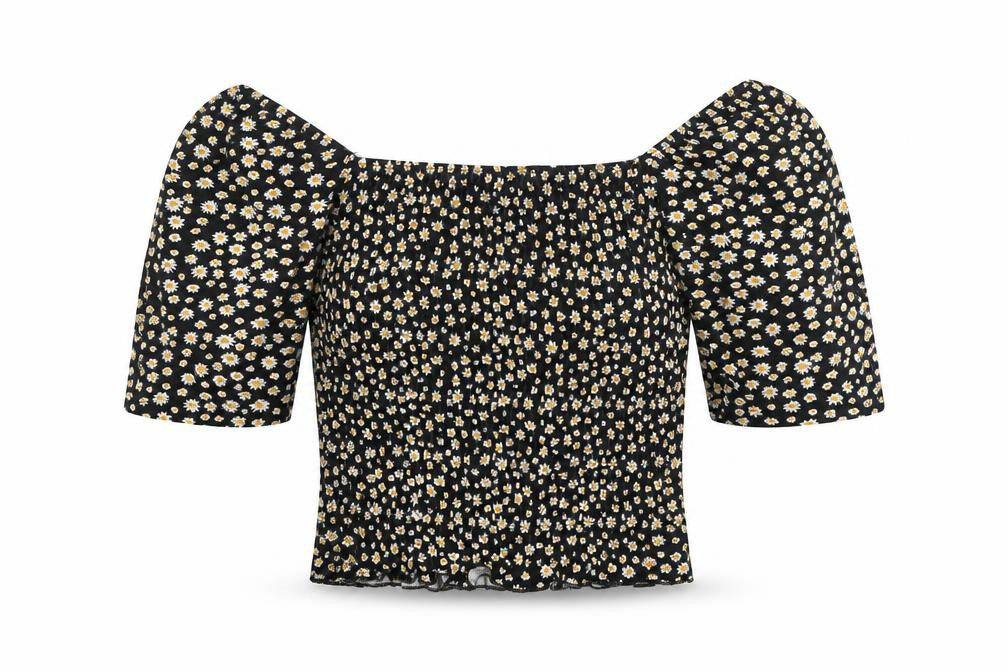 Only Womens Black Floral Viscose Cropped Blouse Size XS Boat Neck