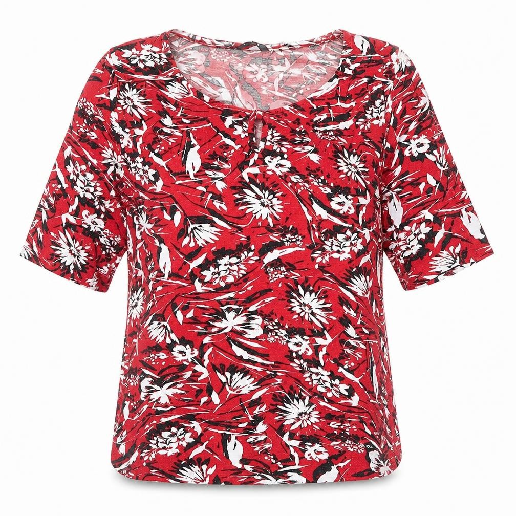 M&Co Womens Red Floral Viscose Basic T-Shirt Size 10 Round Neck