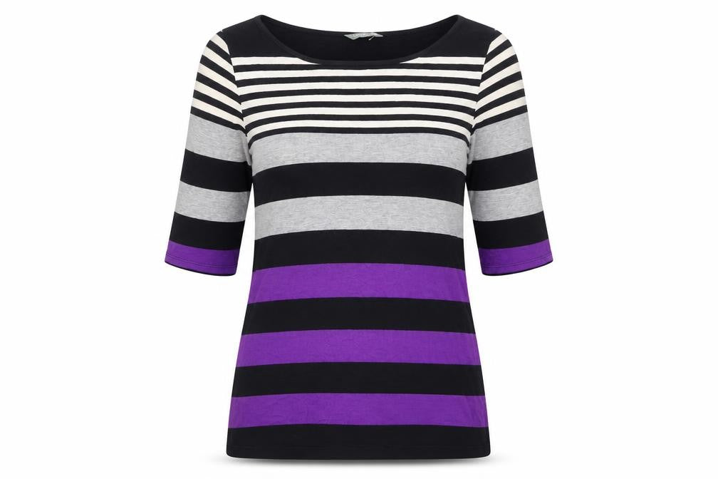 Marks & Spencer Womens Multicoloured Striped Viscose Basic T-Shirt Size 8 Boat Neck