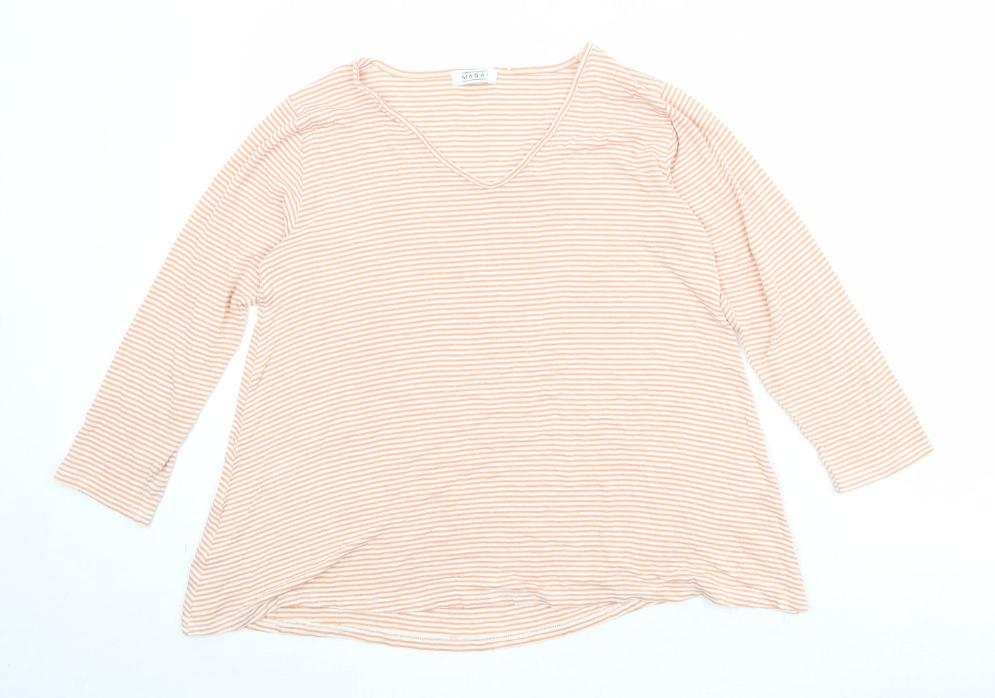 Masai Womens Orange Striped Viscose Basic T-Shirt Size M V-Neck