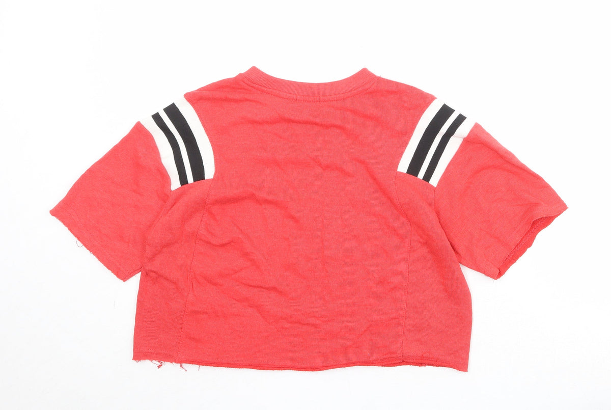 Back view of Bershka girls’ red striped cotton cropped t-shirt, size S, round neck pullover