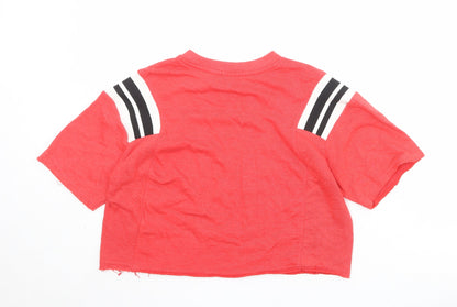 Back view of Bershka girls’ red striped cotton cropped t-shirt, size S, round neck pullover