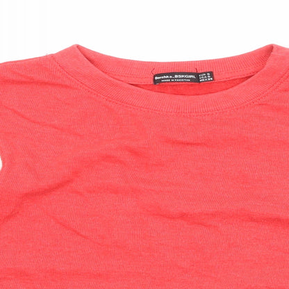 Close-up detail of Bershka girls’ red striped cotton cropped t-shirt, size S, round neck pullover