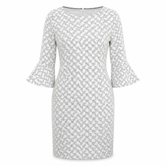 Linea Womens White Geometric Polyester Pencil Dress Size 12 Boat Neck Zip - Flute Sleeve