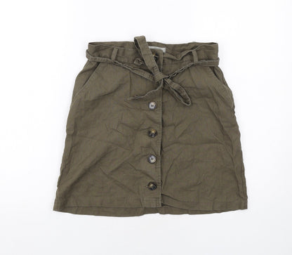 Additional front view of ASOS women’s green cotton a-line skirt, size UK 10, regular button