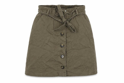 Front view of ASOS women’s green cotton a-line skirt, size UK 10, regular button