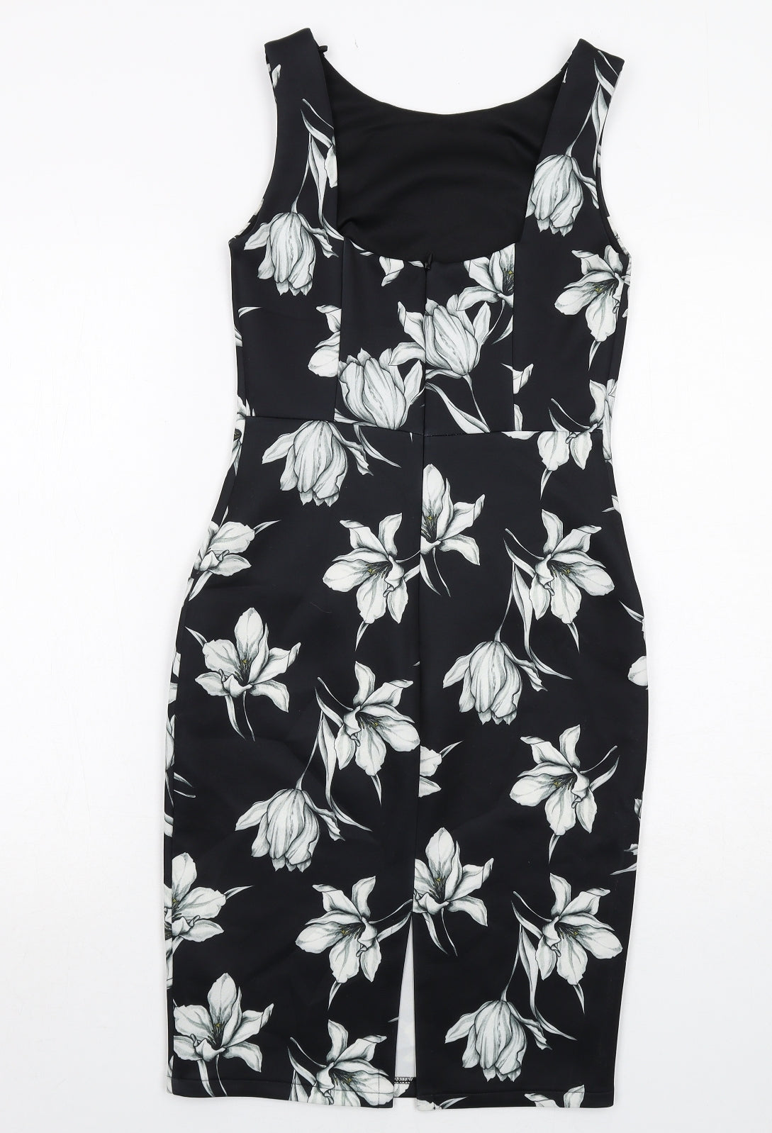 Marks and Spencer Womens Black Floral Polyester Shift Size 8 Round Neck Zip