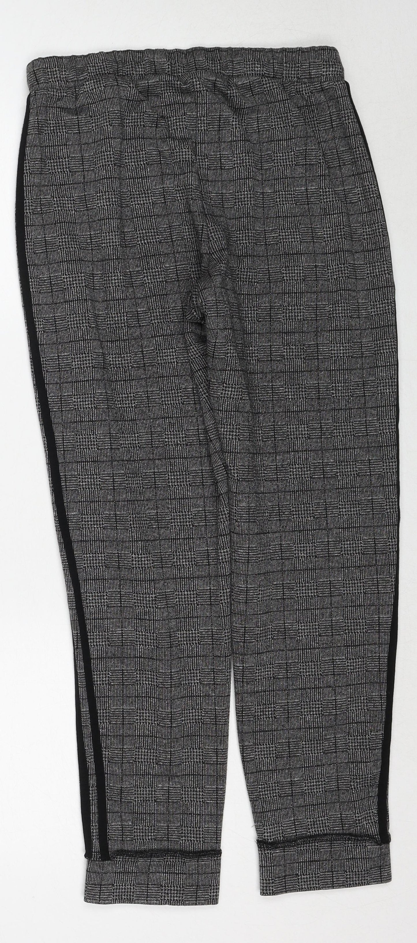Marks and Spencer Womens Grey Plaid Polyester Trousers Size 8 Regular Drawstring - Side Stripe Detail