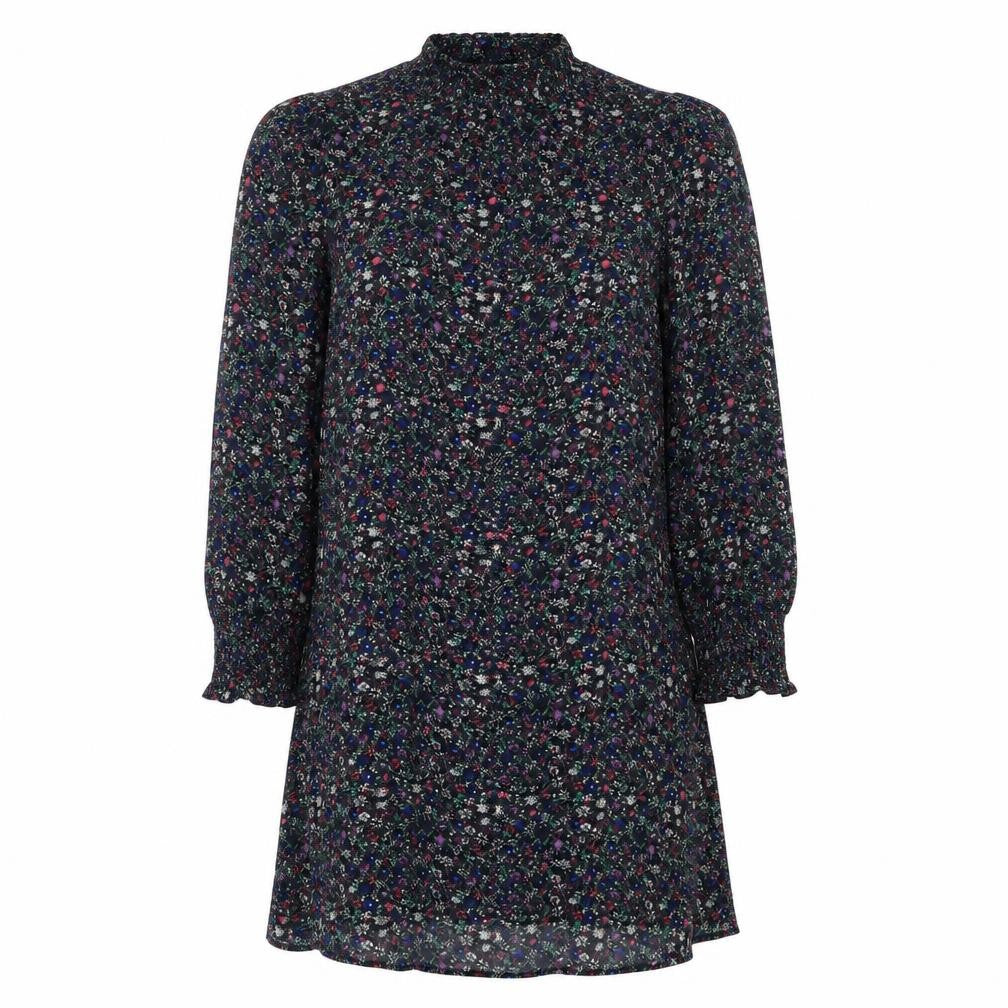 Marks & Spencer Womens Black Floral Viscose A-Line Size 8 Mock Neck Button