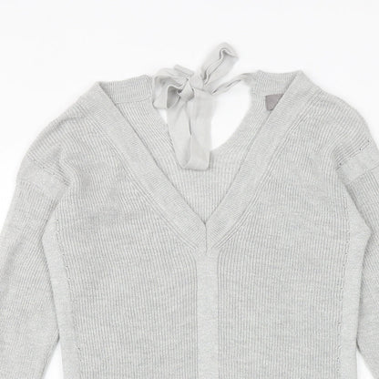 Next Womens Silver V-Neck Nylon Pullover Jumper Size 8