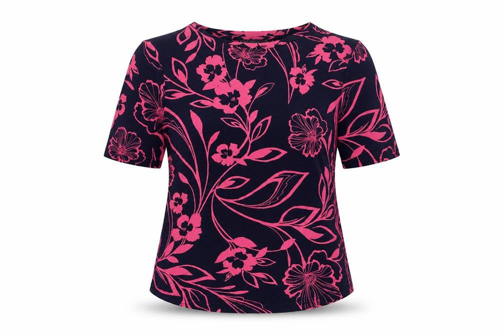 Marks & Spencer Womens Blue Floral Viscose Basic T-Shirt Size 10 Round Neck