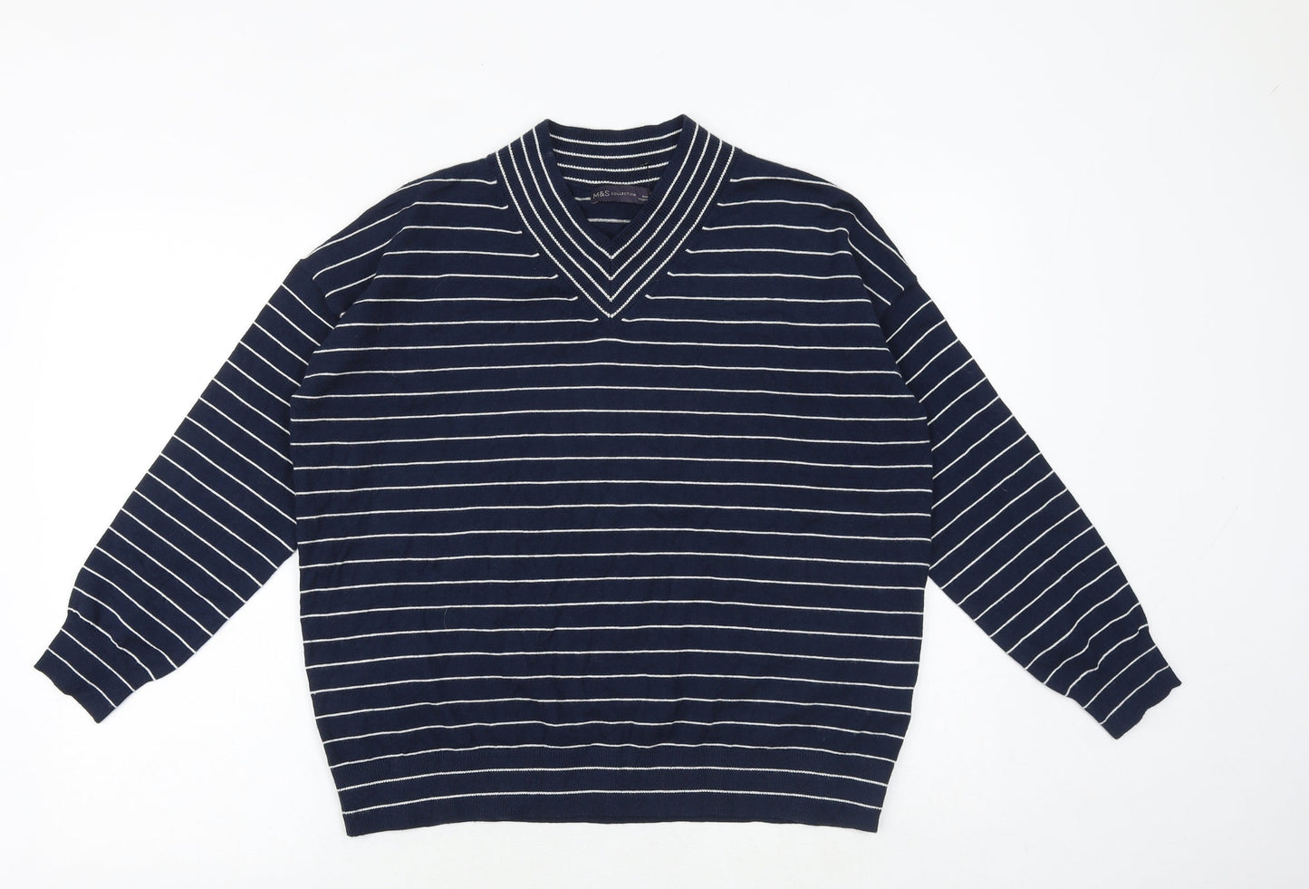 Marks and Spencer Womens Blue V-Neck Striped Viscose Pullover Jumper Size M