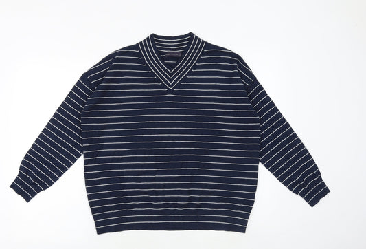 Marks and Spencer Womens Blue V-Neck Striped Viscose Pullover Jumper Size M