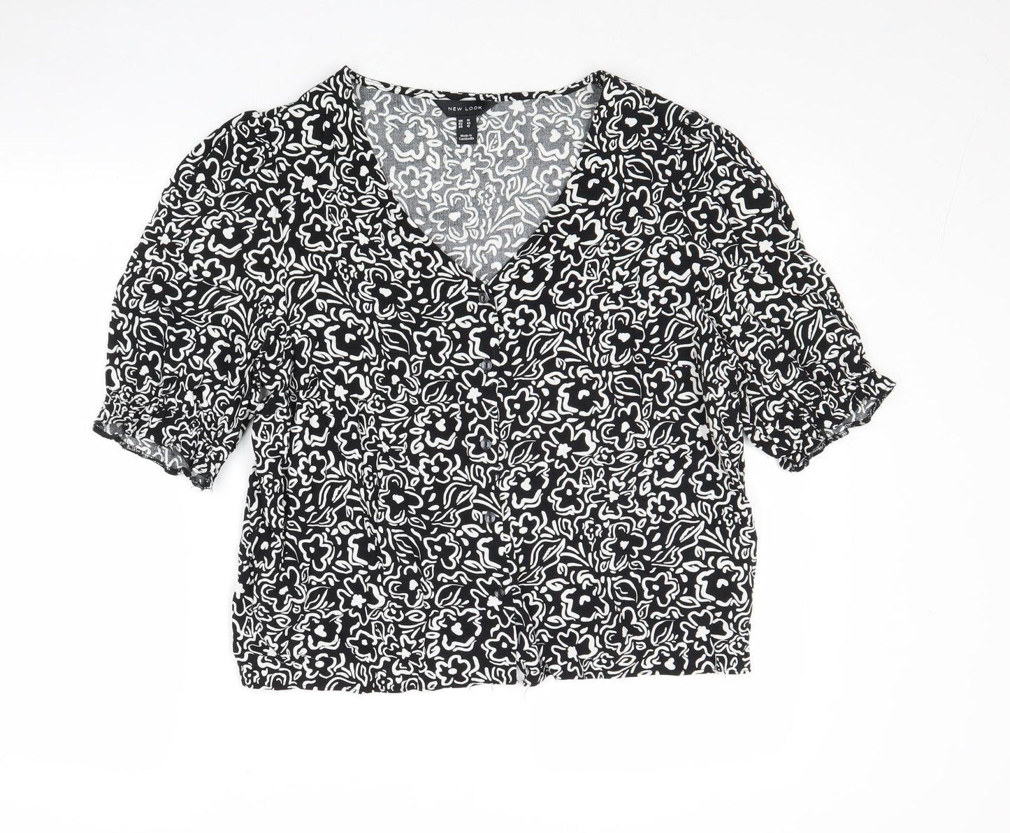 New Look Womens Black Floral Viscose Basic Button-Up Size 14 V-Neck