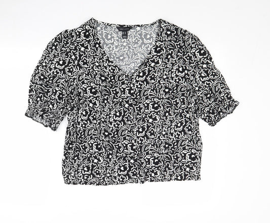 New Look Womens Black Floral Viscose Basic Button-Up Size 14 V-Neck
