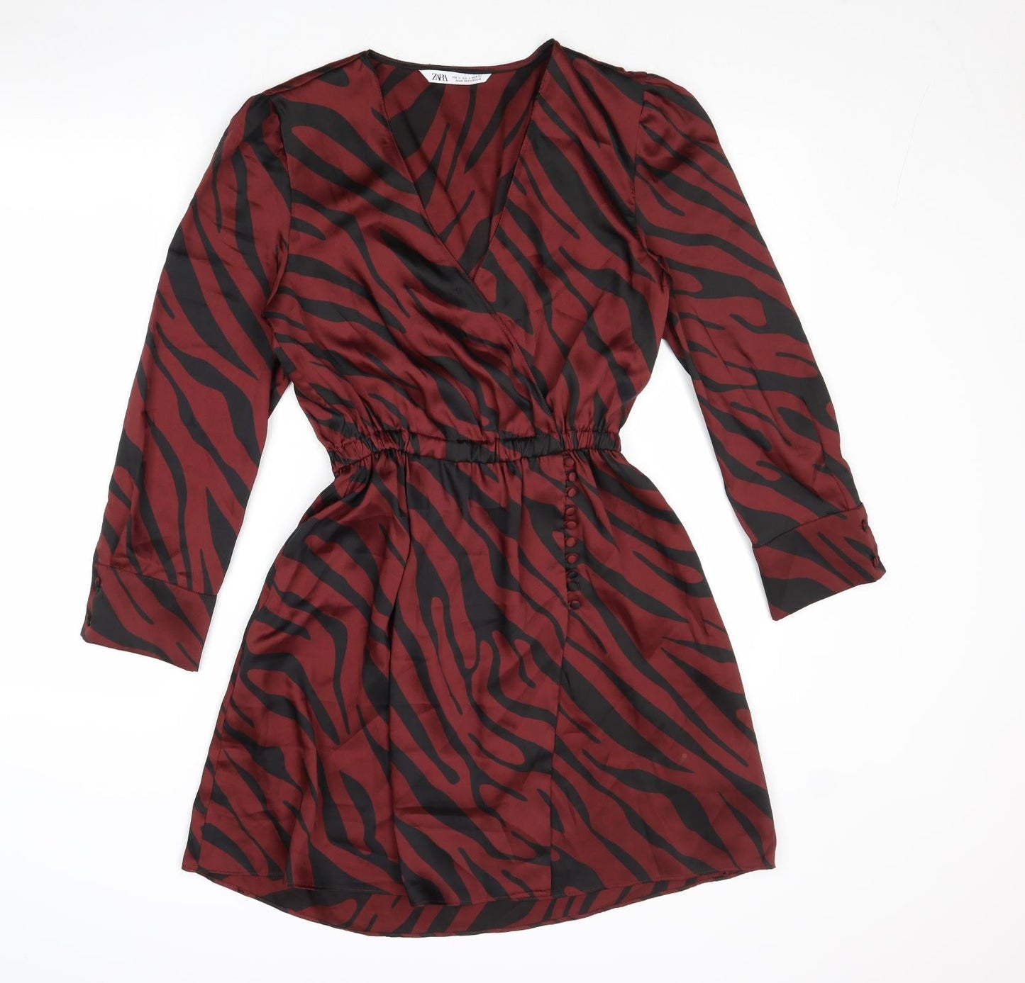 Zara Womens Red Animal Print Polyester Mini Size S V-Neck Button - Elastic Waist